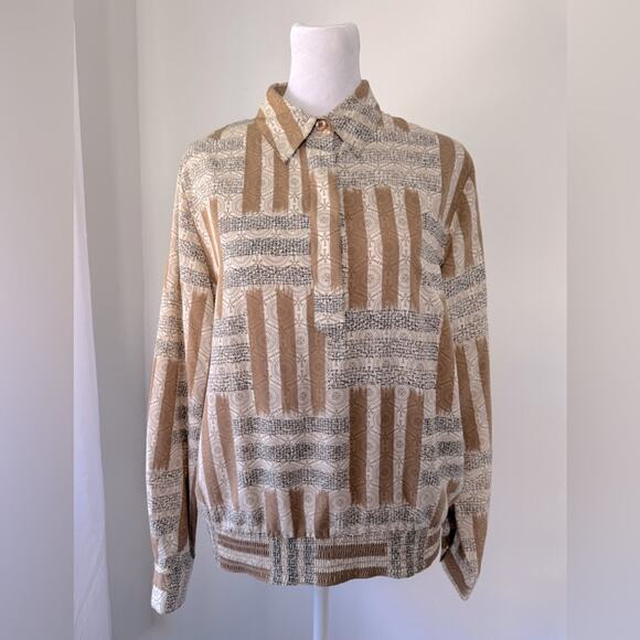 Vintage ‘90s Alfred Dunner Cream, Brown & Black Collared Long Sleeve Blouse - Picture 2 of 8